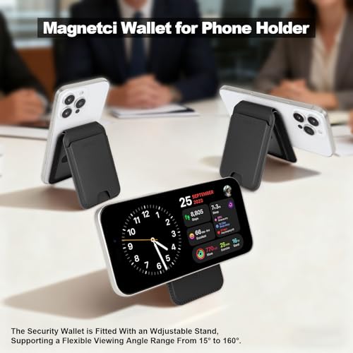 Image of Men's Magnetic Leather Wallet, MagSafe RFID Card Holder with Stand Black | magsafe phone holder wallet