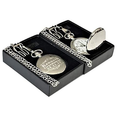 2 Personalized Pocket watches, Silver Custom pocket watch gift set of 2. Box included, Stainless chain and engraving is included. Cover