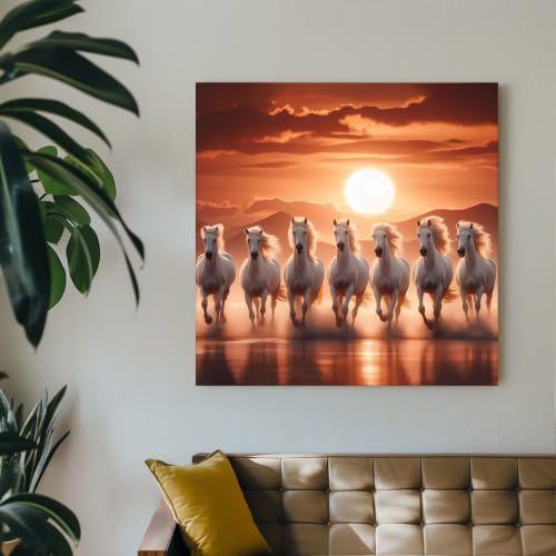 Image of PAINTINGMANTRA 7 White Running Horses Vastu Stretched Canvas Painting for Living Room, Seven Running Horses Canvas Wall Art Painting For Bed Room, Home & Office, 22x22 Inch