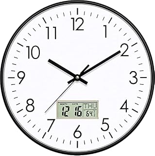 Foxtop Digital Wall Clock with Date, Month, Day of Week and Temperature, 12 inch Non-Ticking Silent Battery Operated Round Quartz Analog Clock for Classroom Office Bedroom Home School