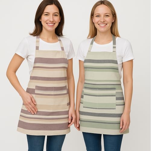Image of Unisex Cooking Aprons | Waterproof Apron | Striped Design with 2 Front Pockets & Adjustable Neck Strap | Durable, Oil & Stain Resistant | Chef Apron for Cooking