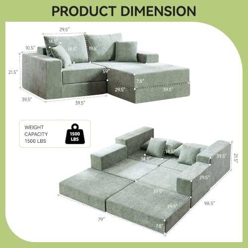 Image of 79 inch Boneless Loveseat Sofa Couch, Modular Foldable Floor Cloud Sofa with Ottoman, Lounge Convertible Sofa Bed for Living Room, No Assembly, Chenille Green