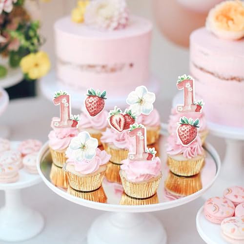 Rsstarxi 60 Pack Edible Strawberry 1st Birthday Cupcake Toppers Rice Paper Sweet Strawberry Cupcake Picks Baby First Birthday Cake Decorations for Baby Shower 1st Birthday Party Supplies