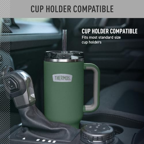 Image of THERMOS Stainless Steel Cup Holder Mug - 40 Ounce, Alpine Green - Insulated Tumbler with Lid and Straw, Plus Leak-Resistant Slide Lock