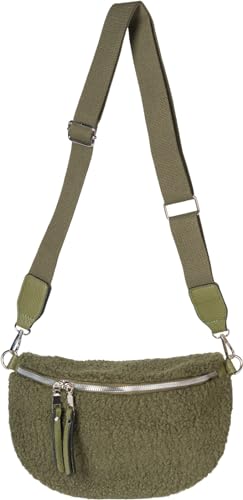 styleBREAKER Damen Teddyfell Halbmond Crossbody Schultertaschen Einfarbig verstellbarer Schultergurt 02012403 Farbe:Oliv
