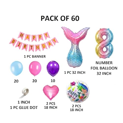 Image of 60 pcs 8th Birthday Decoration for Girls Tail Foil Balloon Garland Rainbow Number Foil Theme Birthday Decorations Aqua Theme Birthday Decorations (Pack of 60, Multi)