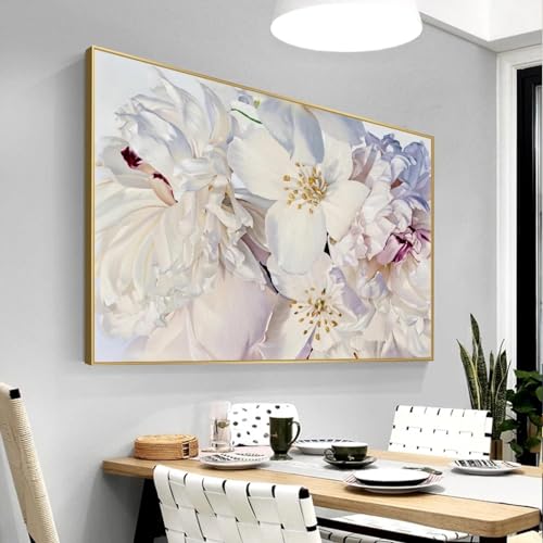 Décoration murale salon fleurs blanches - Peinture moderne sur toile style scandinave 50x70 cm
