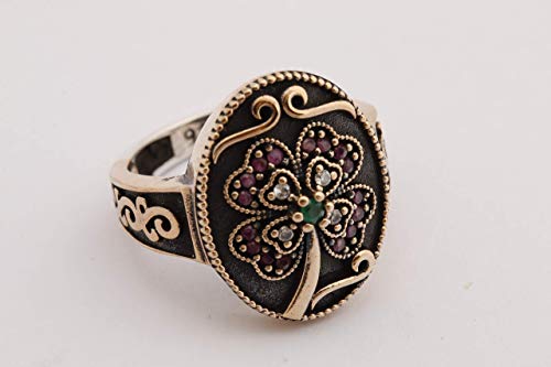 Motif Shaped !Turkish Handmade Jewelry Round Cut Ruby Emerald Topaz 925 Sterling Silver Ring Size Options
