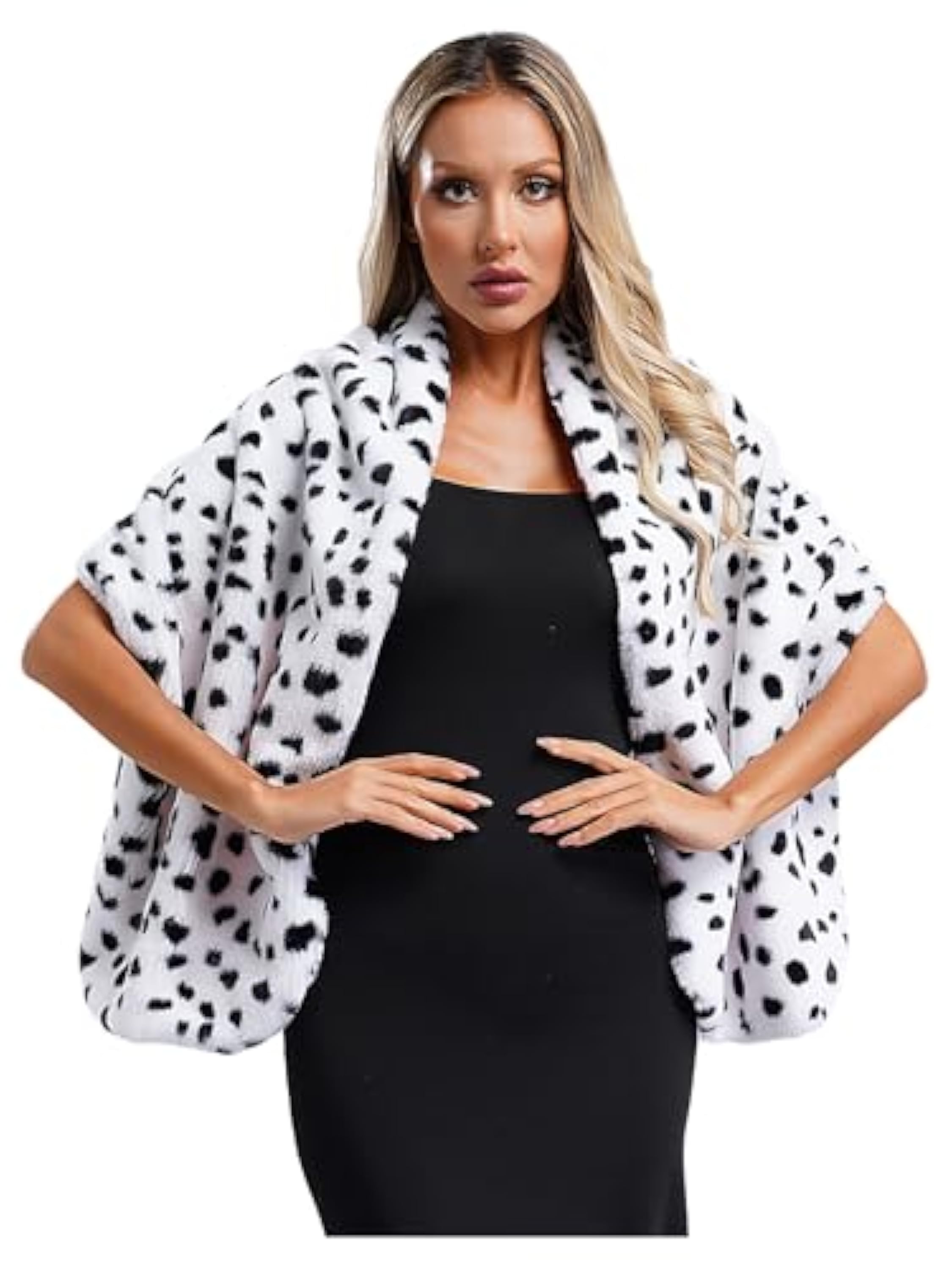 Freebily Capa De Piel Artificial Moteada Mujer Abrigo Blanco Y Negro Chal Dálmata Bufanda Cosplay Halloween Disfraz De Actuación Tipo A Talla única