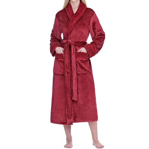 Image of PAVILIA Women's Plush Fleece Robe, Soft Cozy Long Bathrobe with Satin Waffle Trim, Warm Lightweight, Pockets & Tie Belt