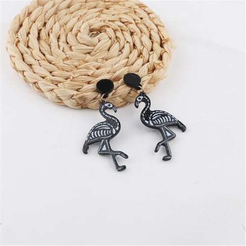 Unique Black Flamingo Skeleton Halloween Dangle Drop Earrings for Women Men Punk Animal Gothic Lightweight Dangling Round Disc Stud Hypoallergenic Fashion Party Jewelry Gift2