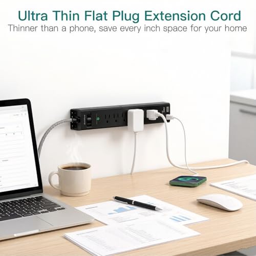 Image of Surge Protector Power Strip - 2ft Extension Cord with 6 AC Outlets 4 USB