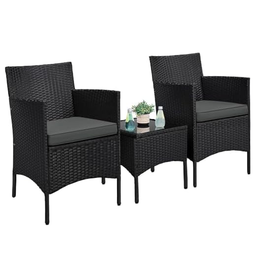 Yaheetech Salon de Jardin Exterieur Ensemble Mobilier de Jardin 2 Personnes Fauteuils et Table Basse Plateau Verre 2 Coussins Tressée pour Balcon Noir/Girs