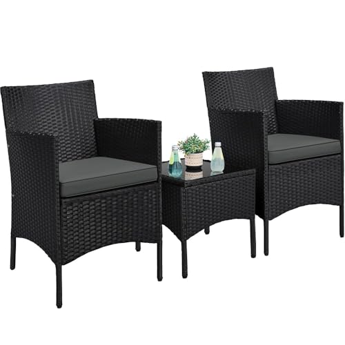 Yaheetech Salon de Jardin Exterieur Ensemble Mobilier de Jardin 2 Personnes Fauteuils et Table Basse Plateau Verre 2 Coussins Tressée pour Balcon Noir/Girs
