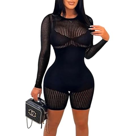 ZileZile Women's Sexy Long Sleeve See Through Outfit Sheer Mesh Hollow Out Romper Black Cover