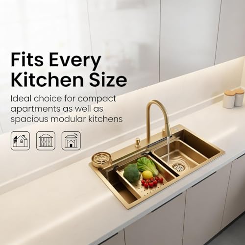Image of Wallace 304 Grade Gold Single Bowl Multifunction Kitchen Sink 30 x 18 x 10 Inch | Stainless Steel Workstation Sink with Integrated Waterfall Cup Washer Drain Basket RO Tap & Pull Down Faucet