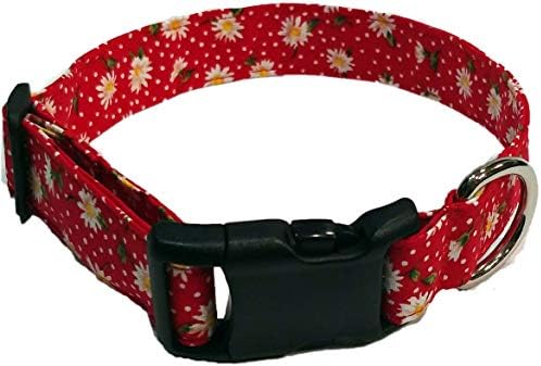 Britches4Stitches Red Daisy Dog Collar Summer Flower Puppy Sunflower Cotton Fabric Adjustable (L- Large)