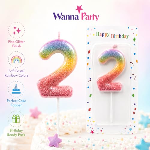 Image of Wanna Party Glitter Colorful 2nd Birthday Candle, Number 2 Cake Candle Cake Toppers for Girl Women, Glitter Colorful Themed Party Decorations Supplies Birthday Gifts