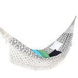 Hamaca de tela brasileña con técnica de tejido jacquard con borde de macramé natural, color blanco y marrón estampado