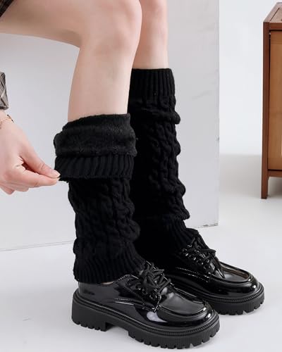 Black Fleece Lined Leg Warmers - Winter Cable Knit Long Leg Warmers for Girls Boot Socks Boot Cuffs2