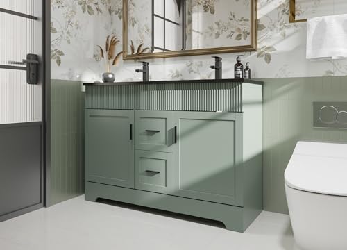 Image of eclife 48 inch Bathroom Vanities Sink Combo with Painted Surface, Modern Drawered Cabinet W /Decorative Wave Lines, Undermount Double Black Sink, Matte Black Faucet Drain, Gray Green