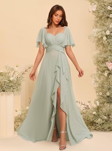 Stylefun A Line Chiffon Bridesmaid Dresses with Slit Flutter Sleeve Formal Party Dress CYM2723