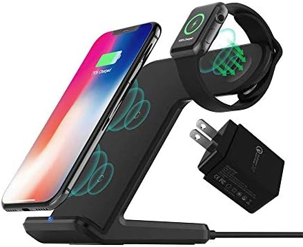 Wireless Charger with QC3.0 Adapter DoSHIn 2 in 1 Wireless Charger Stand 10W Fast Charger Docking Station Compatible with iWatch Series 4/3/2/1,iPhone Xs/XR/XS MAX/X/8Plus/8, Samsung Galaxy S10/S9/S8