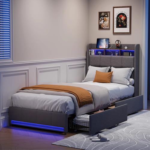 BRILVERDE Cama individual de 90 x 200 cm con cajón de almacenamiento, LED/USB, cama juvenil con cabecero, estructura de cama con somier, marco de cama para adolescentes, lino (gris, 90 x 200 cm)
