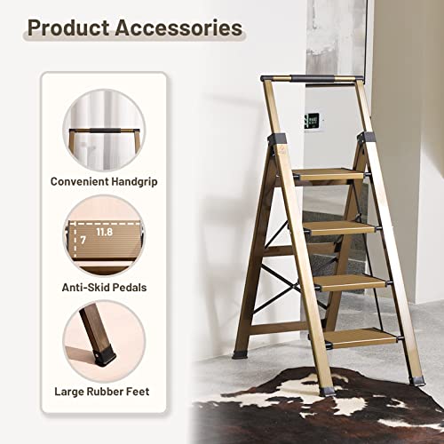 XinSunho 5 Step Ladder, Aluminum 5 Step Stool with Retractable Handrail and Anti-Slip Wide Pedal, Folding Stool Ladders 5 Steps, 330lbs Safety Household Slim Ladder