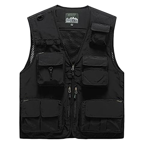 Mens Gilet Waistcoat Safari Multi Pocket Fishing Camping Hunting Hiking Vest Waistcoat Jacket Breathable Photography Top Outdoor Gilets Sleeveless Jacket,Black,S Cover