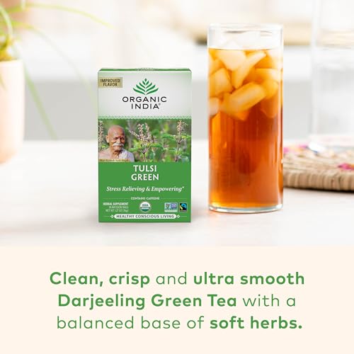 Image of ORGANIC INDIA Tulsi Green Tea Bags - Holy Basil Tea, African Basil, Stress Relieving, Immune Support, USDA Certified Organic, Premium Darjeeling Green Tea, Caffeinated - 18 Infusion Bags, 1 Pack