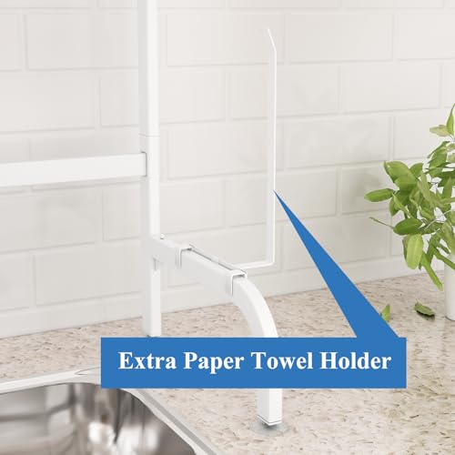 Image of Over The Sink Dish Drying Rack, Adjustable (25.5 to 33.5 Inch) 2 Tier for Kitchen Counter With Paper Towel and Cup Holder, Utensil and Chopping Board Holder, Sink Caddy Hooks, White