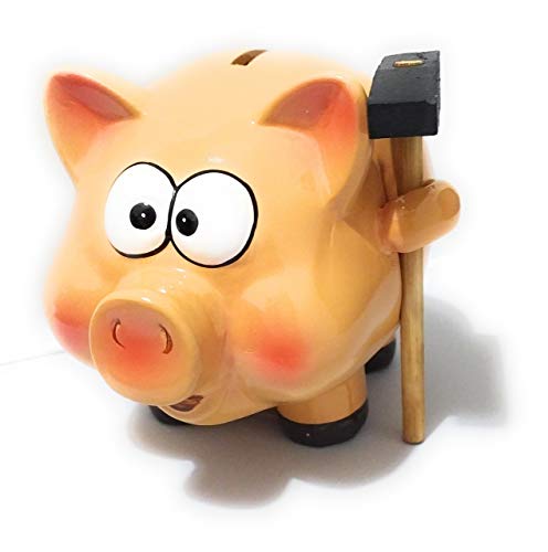 Tirelire en cochon avec marteau. Réalisé en céramique et peint à la main. Dimensions : 16 x 13 x 13 cm.