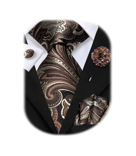 Image of Hi-Tie Men Silk Ties Set with Flower Lapel Pin Necktie Pocket Square Cufflinks for Tuxedo Wedding Business