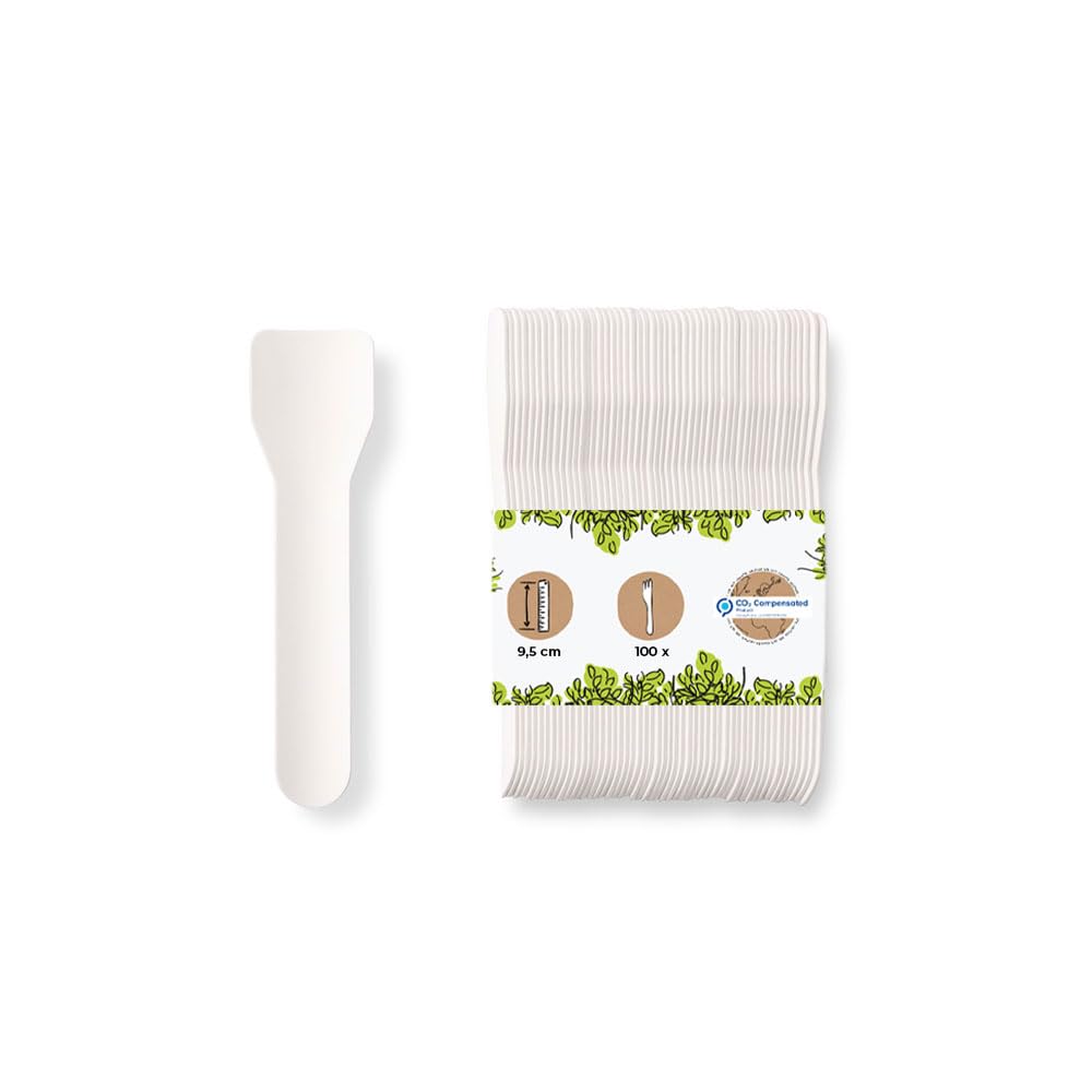 BIOZOYG porcionador para helado ecológico I 100 palitos de helado de papel blanco I cucharas de postre de helado biodegradables I cuchara de papel desechable I cucharas de helado sostenibles