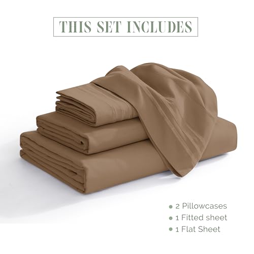 Image of Elegant Comfort Luxurious 1500 Premium Hotel Quality Microfiber Three Line Embroidered Softest 4-Piece Bed Sheet Set, Wrinkle and Fade Resistant, RV Short Queen, Taupe