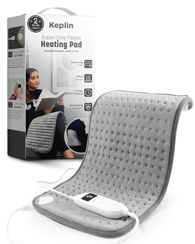 Keplin Electric Heating Pad for Back & Shoulder - 60x30cm -Super Cosy Flannel, 9 Heat Settings & Overheat Protection, 3 Timer Modes (30/60/90 mins), Washable Cover & Remote Display - Grey (Small)