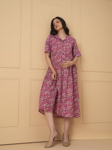 Image of The Mom Store Maternity and Nursing Dress | Pre and Post Pregnancy Dress for Womens | Zipper /Button Opening | Causal Wear | Trendy Stylish Causal Dresses for New Moms