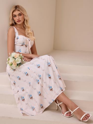 Image of KUTUMAI Floral Corset Midi Dresses for Women 2026 Lace Up Flowy Summer Wedding Guest Dress with Pockets