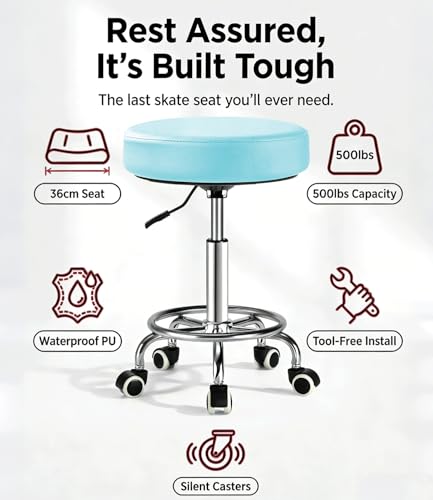 Image of 500lbs Heavy‑Duty Adjustable Rolling Stool with Wheels & Footrest Ring,Blue
