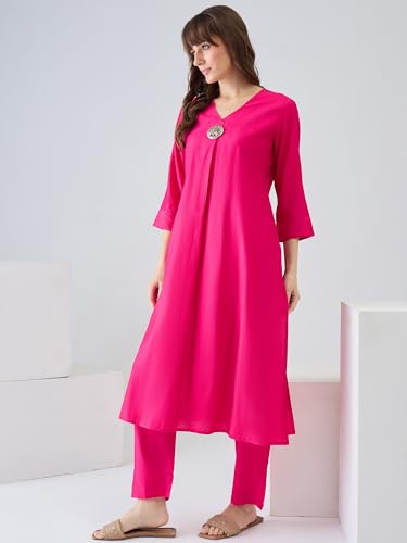 Image of INDO ERA Women's Viscose Solid A-Line Calf Length Kurta & Pant Set (IESTR12352)