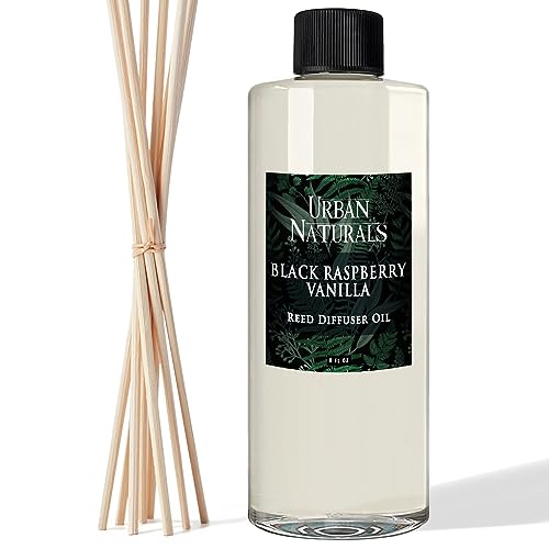Urban Naturals Reed Diffuser Oil Refill Black Raspberry Vanilla with BlackBerry, Raspberry, Vanilla Orchid, Amber, Sandalwood 8 oz + Free Reed Sticks, Made in The USA