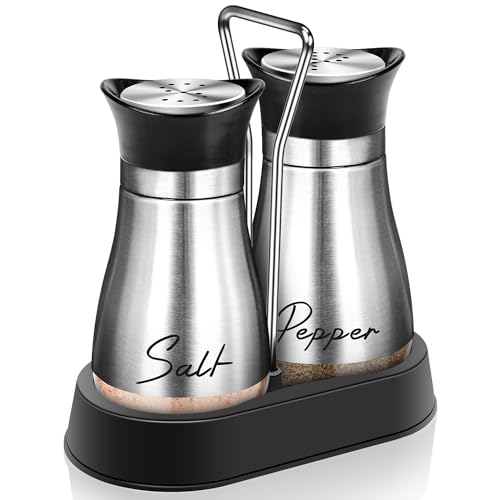 Arrozon Salt and Pepper Shakers Set with Holder 4 oz Stainless Steel Salt Shaker with Glass Bottom Kitchen Gadgets for Counter Modern Decor Table RV Camp BBQ Refillable Design (Silver)