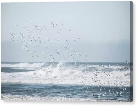Birds Flying Beach Photography on CANVAS Flock of Seabirds over Pacific Ocean Print Sea Blue White Coastal Art Zen Decor Peaceful Waves Seashore Ready to Hang