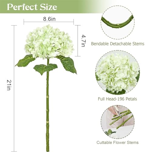 Waipfaru 21" Real Touch Hydrangea Artificial Flowers with Long Stem &amp; Leaves, Full Latex Faux Hydrangea Flowers for Home Decor Party Floral Arrangements Wedding Bouquets Centerpieces, Green 3Pcs
