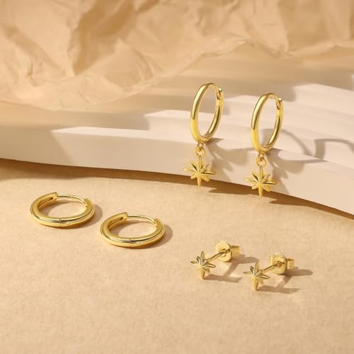 QUINBY Gold Earrings Dangle Set For Women14k Dainty Earring Stacks GoldHuggie Dangle Stacked Earrings PackCartilage Earring Sets For Multiple PiercingGift For Women MotherS Day Birthday