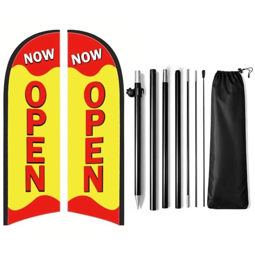 Now Open Flag for Business 9.18FT Double-Sided Outdoor Advertising Swooper Banner with Pole Kit & Ground Stake Tear-Resistant Polyester Feather Flag for Shops & Events