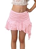 Haloumoning Girls Y2K Lace Mini Skirts Kids Low Rise Pleated Ruffle Short Skirts Layered Flowy Asymmetrical Skirt 5-14 Years Pink