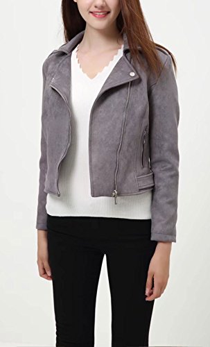CHARTOU Women's Fall 2023 Fashion Faux Suede Leather Casual Moto Biker Jacket Coats (Small, Grey) - Thumbnail 2