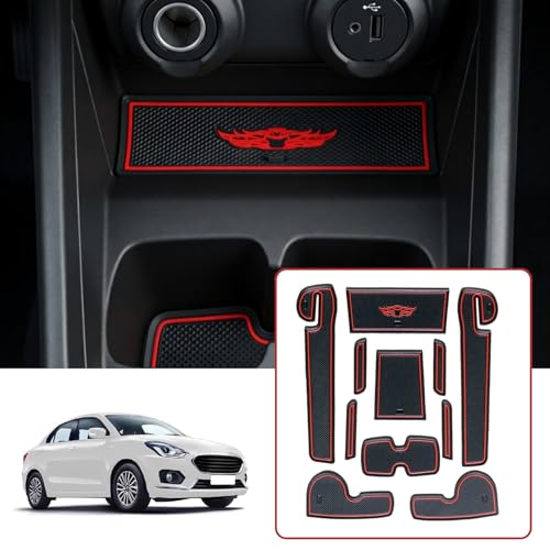 Image of Car Drome | Door Cup Mat Set for Maruti Suzuki Swift Dzire 2018 Onwards | Premium Non-Slip Rubber Inserts | Custom Fit 11 Pieces | Red Trim Interior Car Accessories | Dustproof & Waterproof